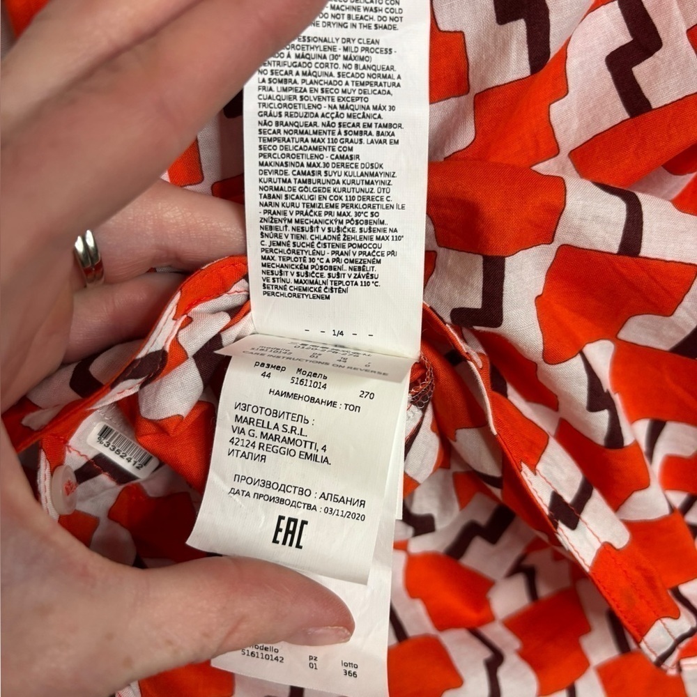 Emme Marella Abstract Artsy Orange Sleeveless Button Collar Top Size 44- US 8 - Picture 8 of 11